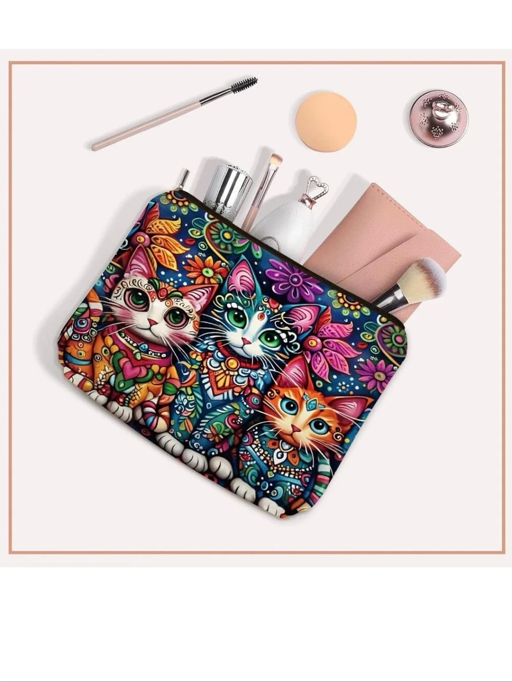 Colorful Floral Cats Zippered Pet Accessory Pouch